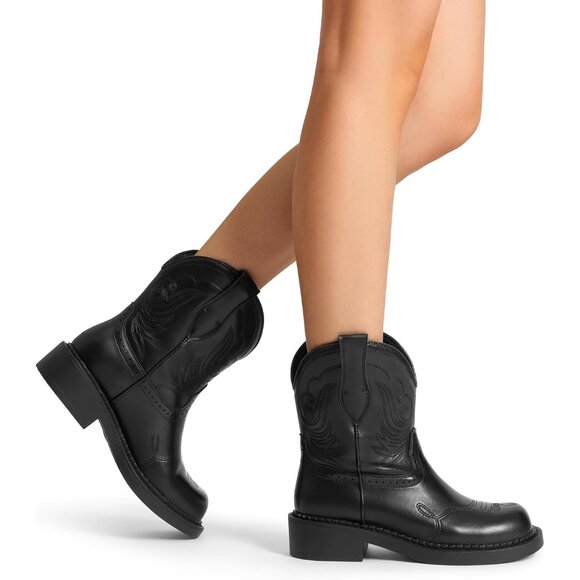 Women's Cowgirl Boots Round Toe Embroidered Mid Calf Western Boots Concert Black - Picture 6 of 7